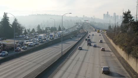 Cars-driving-through-city-traffic-on-I-5-in-Seattle