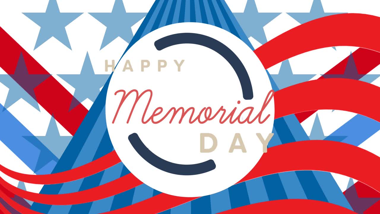 animación del texto del feliz día del recuerdo sobre las estrellas y rayas de la bandera estadounidense