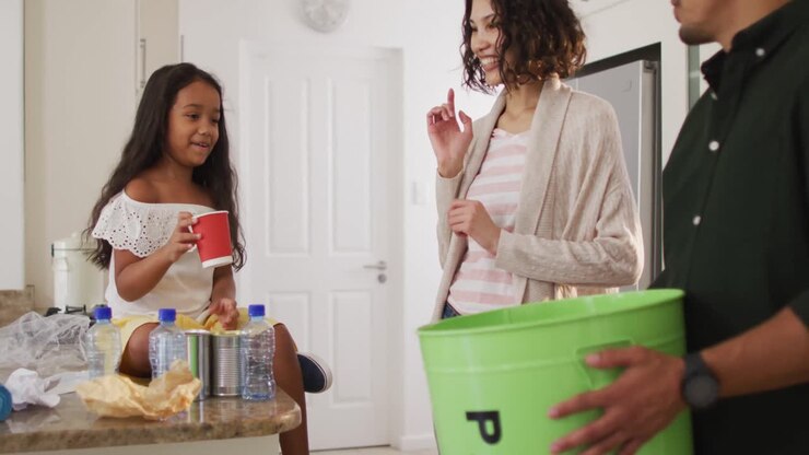 Hispanic parents and daughter teaching segregating paper trash