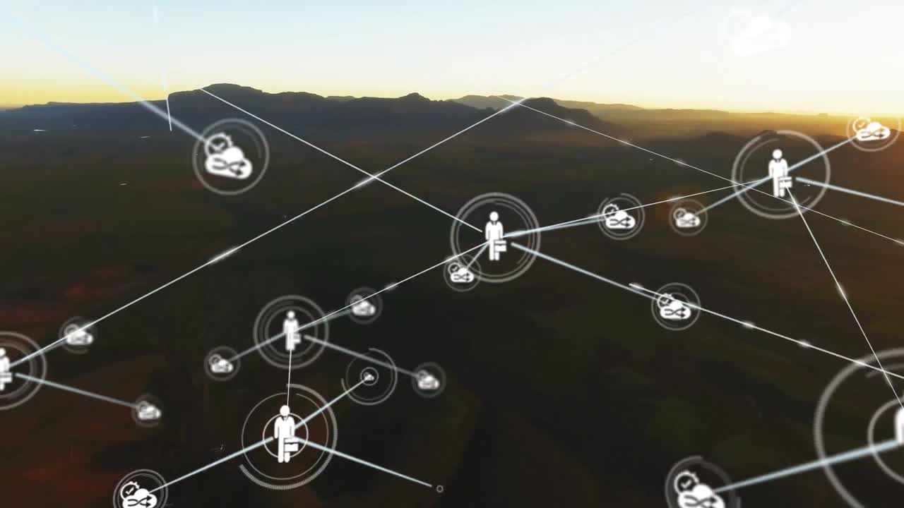 animación de una red de personas e íconos de nubes que intercambian datos sobre el campo y el cielo al atardecer