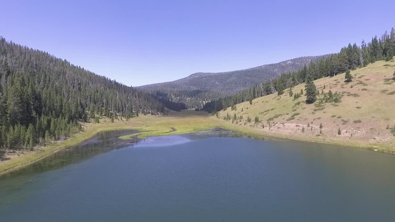 Il drone si inclina verso l'alto rivelando vaste zone umide
