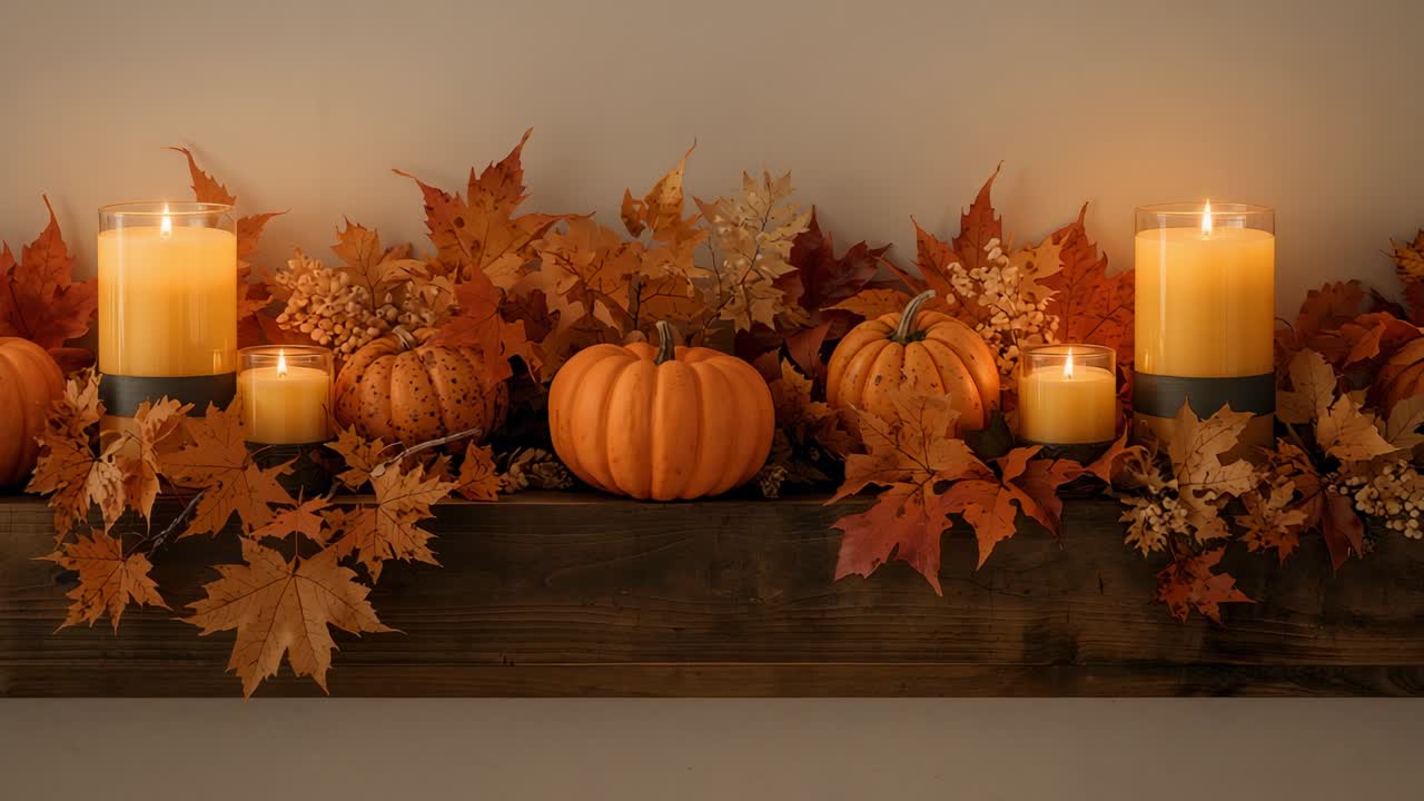 Flickering candle flames illuminating autumn mantel on wooden shelf, with pumpkins, leaves, berries
