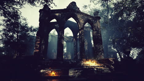 templo gótico en ruinas en un bosque oscuro