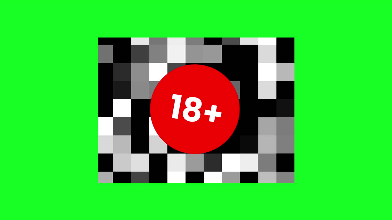 Símbolo de restricción de edad 18+ con censura pixelada en pantalla verde