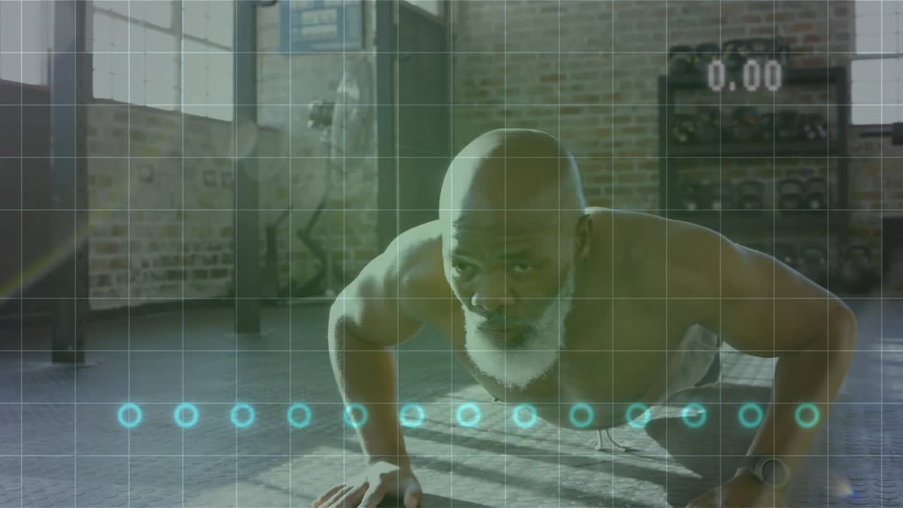 Mature man performing push-ups for fitness, overlay grid appearing, cyan markers tracking reps