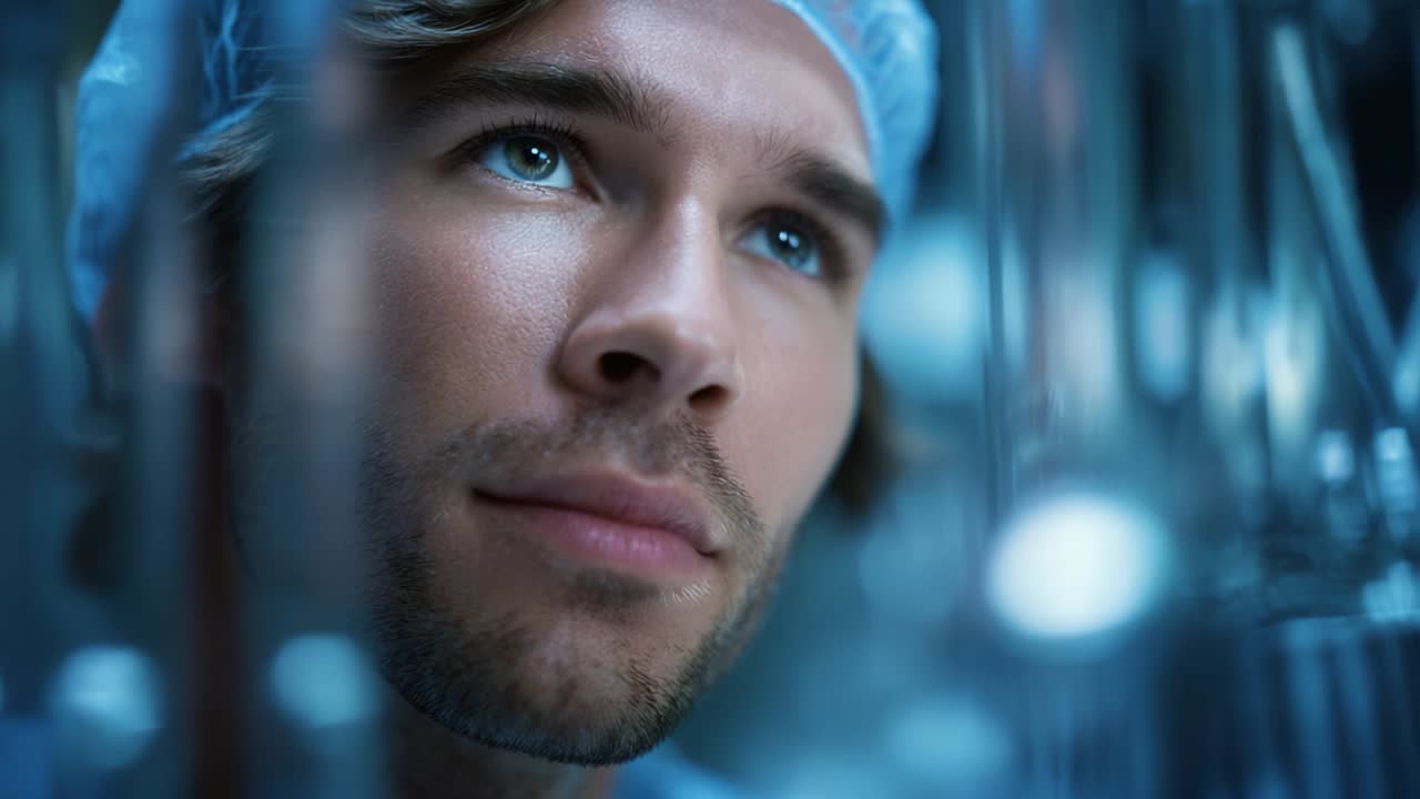 Contemplative Scientist Behind Glassware: An Intense Focus on Innovation and Research in a Laboratory Setting with Close-Up Shots Capturing Thoughtful Expression and Precise Concentration on Scientific Discoveries