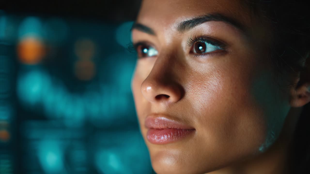 A Thoughtful Portrait of a Young Woman in a High-Tech Environment Highlights Her Focused Expression as She Engages with Digital Information on a Screen, Capturing Innovation and Modernity