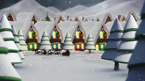 Weihnachtsmann-Im-Schlitten,-Der-Von-Rentieren-Gegen-Den-Schnee-Gezogen-Wird,-Der-über-Häuser-In-Der-Winterlandschaft-Fällt