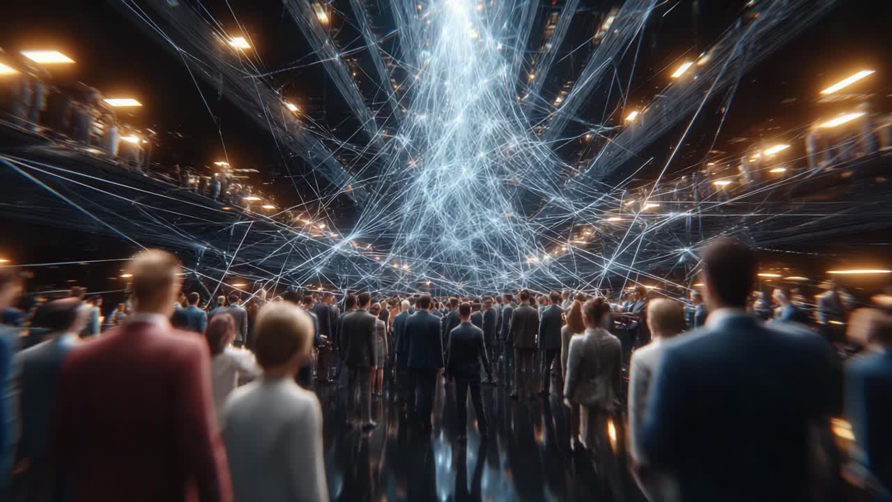A captivating gathering in a futuristic space, where a crowd of people stands in awe beneath an intricate web of illuminating energy, showcasing the convergence of technology and humanity