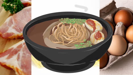 ramen bowl with chopsticks and ingredients over images of raw meat and eggs