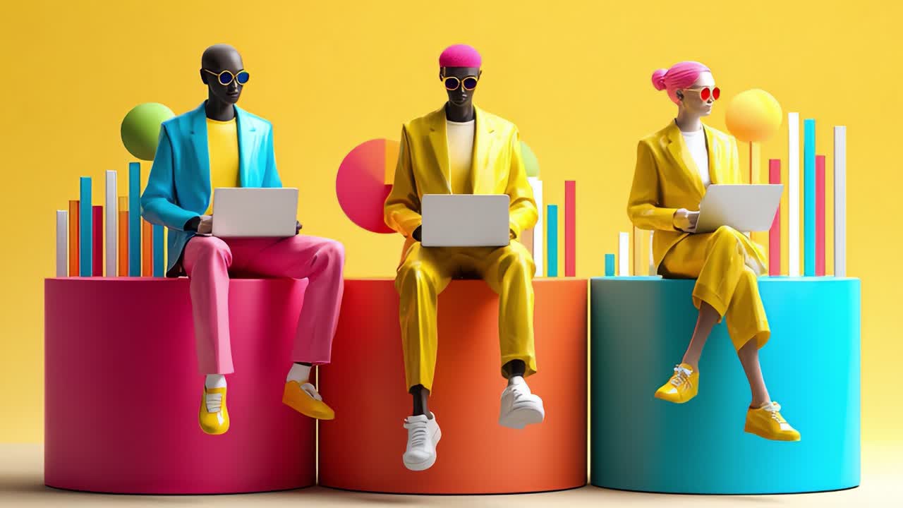 Vibrant Creative Professionals Engaged in Digital Work Against a Bright Yellow Backdrop, Showcasing Stylish Fashion Choices with Laptops and Colorful Seating Arrangements