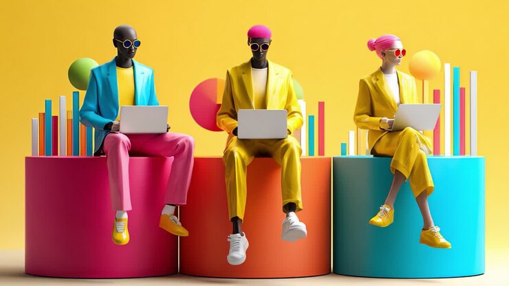 Vibrant Creative Professionals Engaged in Digital Work Against a Bright Yellow Backdrop, Showcasing Stylish Fashion Choices with Laptops and Colorful Seating Arrangements