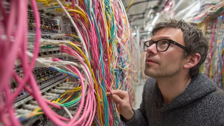 An engineer meticulously inspects a complex network of colorful cables and connections in a data center, ensuring optimal performance and organization of critical infrastructure