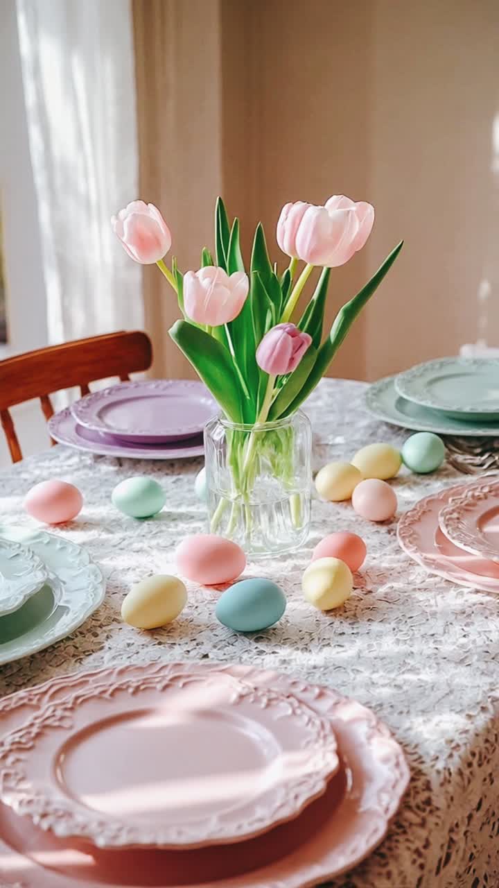 пасхальная столовая обстановка с тюльпанами и яйцами