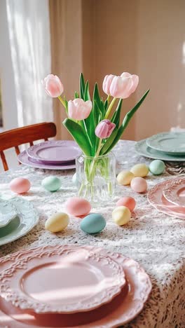 easter table setting with tulips and eggs