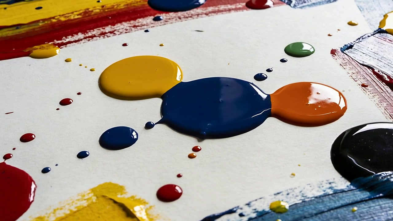 Panning camera focusing on central dark-blue paint puddles, showing viscous leveling on white sheet