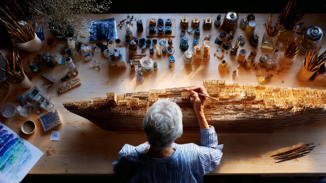 Artistic Creation Process: An Artist Skillfully Crafting a Wooden Model Surrounded by Brushes, Paints, and Art Supplies in an Inspiring Creative Environment