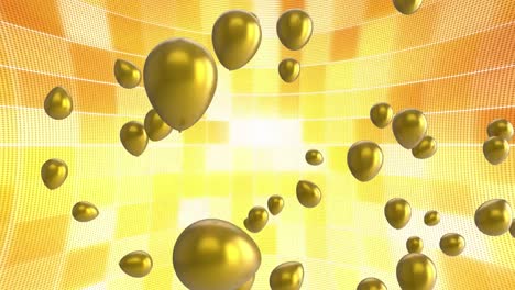 Animation-of-gold-balloons-moving-flashing-yellow-and-orange-wall-of-lights