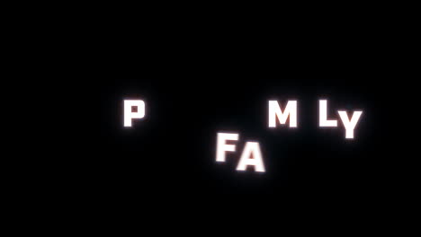 4k text reveal of the word "happy family" on a black background