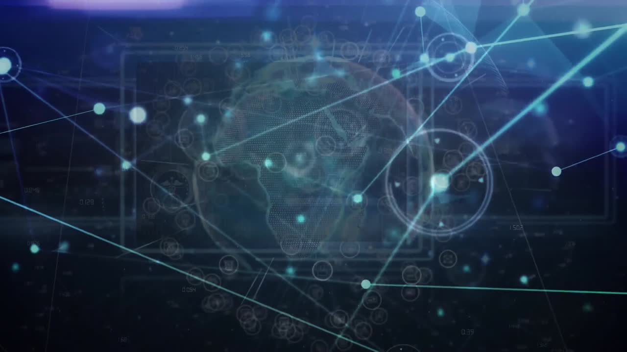 Animation of globe with network of connections with icons and glowing spots