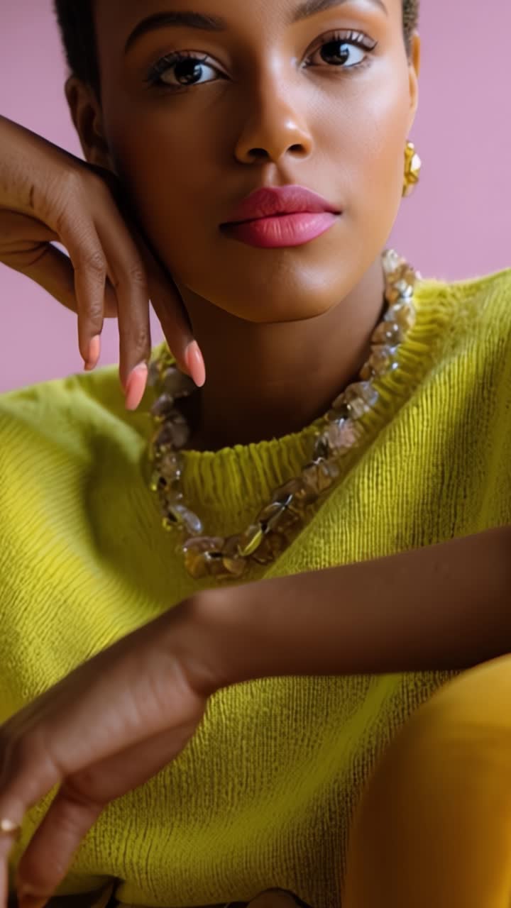 Una donna elegante mostra grazia e compostezza in un maglione giallo brillante su uno sfondo rosa tenue, mettendo in mostra accessori glamour e moda moderna.