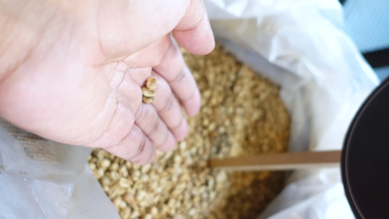 un puñado de granos de café verde