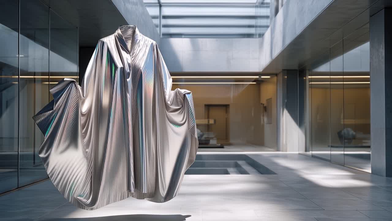 Silver garment hangs in minimalist gallery space. Sunlight filters through skylight, casting shadows. Glass walls reflect quiet, clean architecture. Stillness emphasizes garment's modern