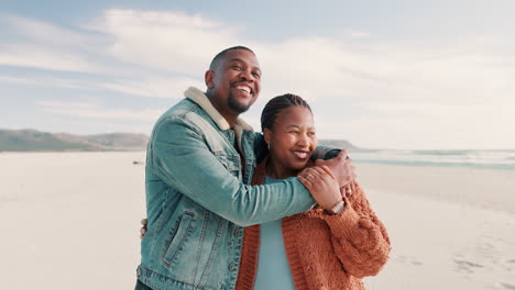 Happy-couple,-together-and-vacation-by-pointing