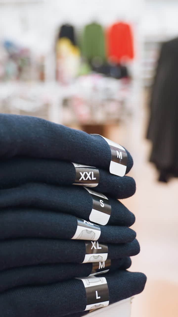 view of neatly stacked male boxer shorts with size tags (S, M, L, XL, XXL) displayed in a mall. People are seen moving in the blurred background