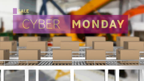 Animation-of-cyber-monday-text-over-cardboard-boxes-on-conveyor-belts-in-warehouse