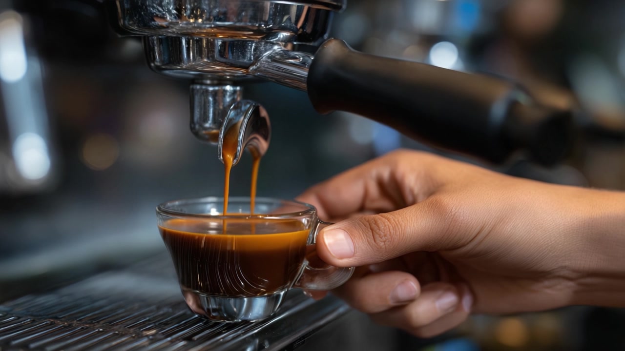 Un barista esperto estrae espresso fresco da una macchina da caffè in una piccola tazza di vetro con crema perfetta e un ricco aroma di caffè in attesa di essere gustato