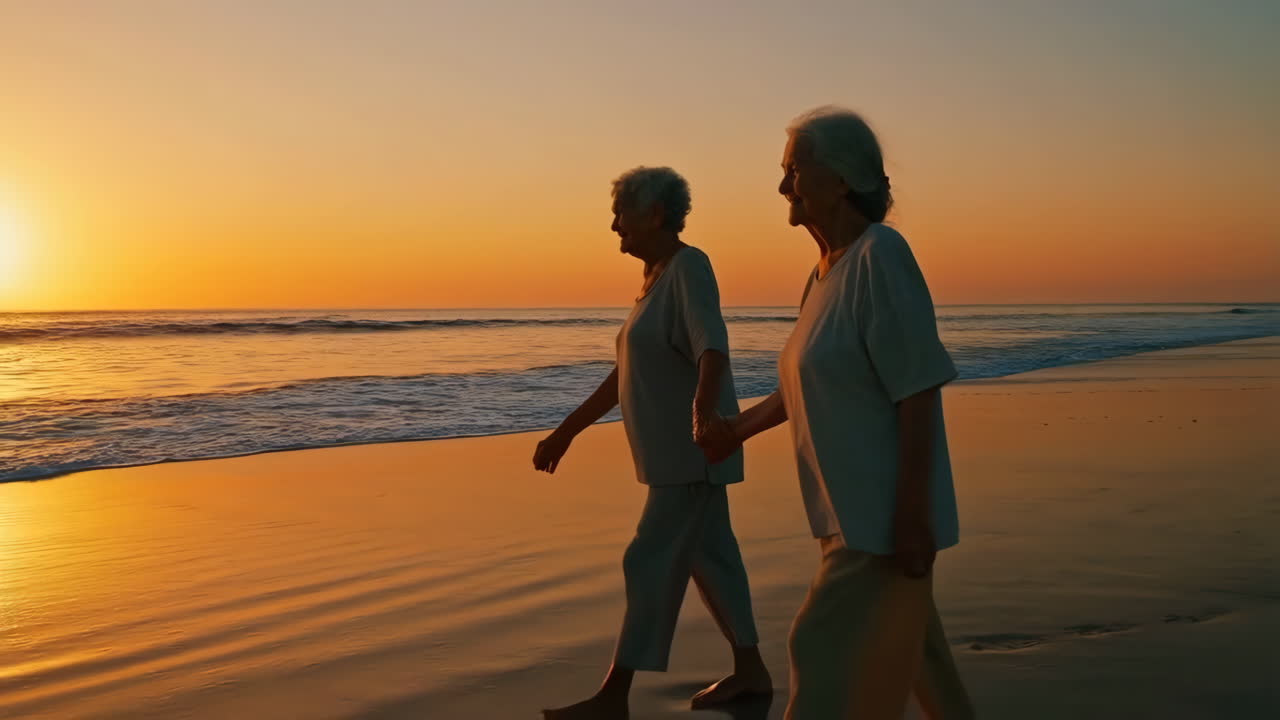 Senior Women Walking Hand-in-Hand on Beach at Sunset