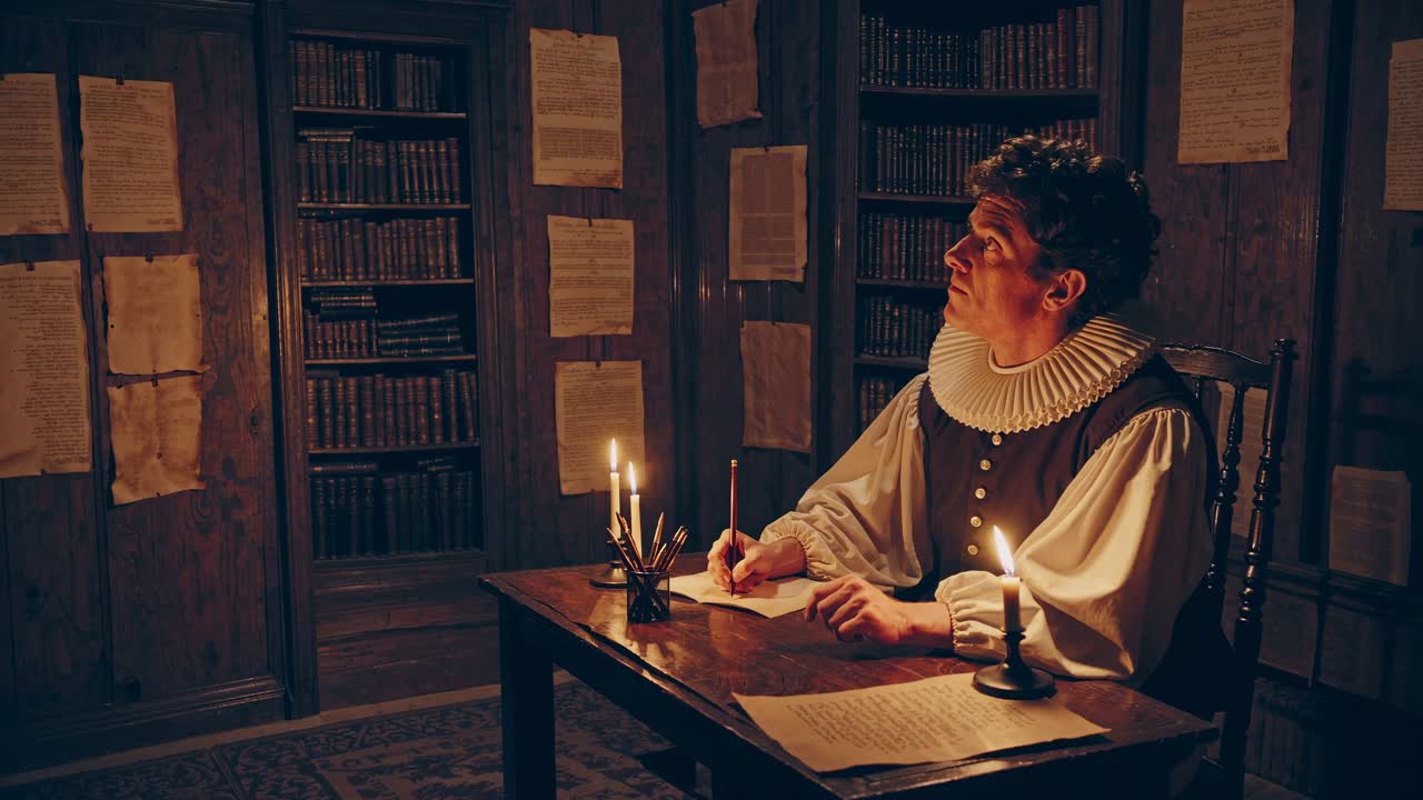Una scena video storica con un uomo che scrive a lume di candela in una biblioteca