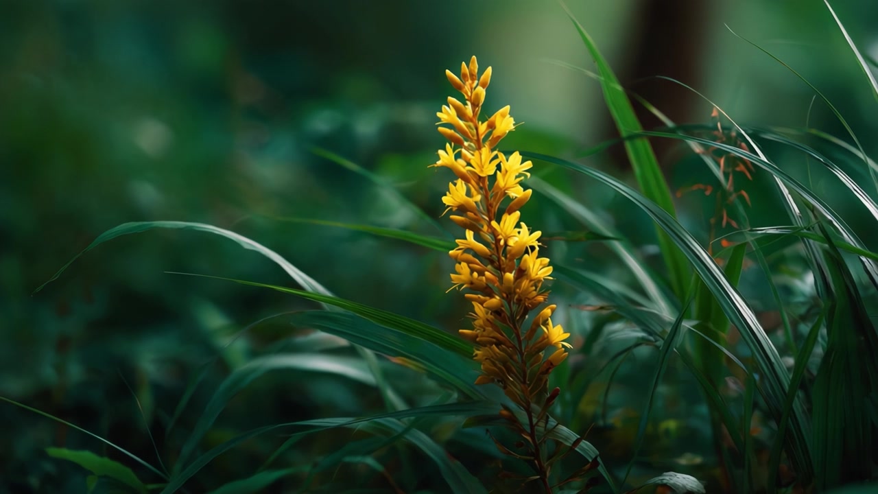 Un vivace fiore giallo si erge maestoso tra un lussureggiante fogliame verde, mostrando la sua sorprendente bellezza in questo incantevole scenario naturale ricco di texture e colori vividi