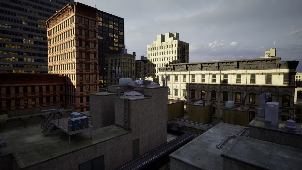 City skyline featuring urban architecture surrounding an alley at dusk