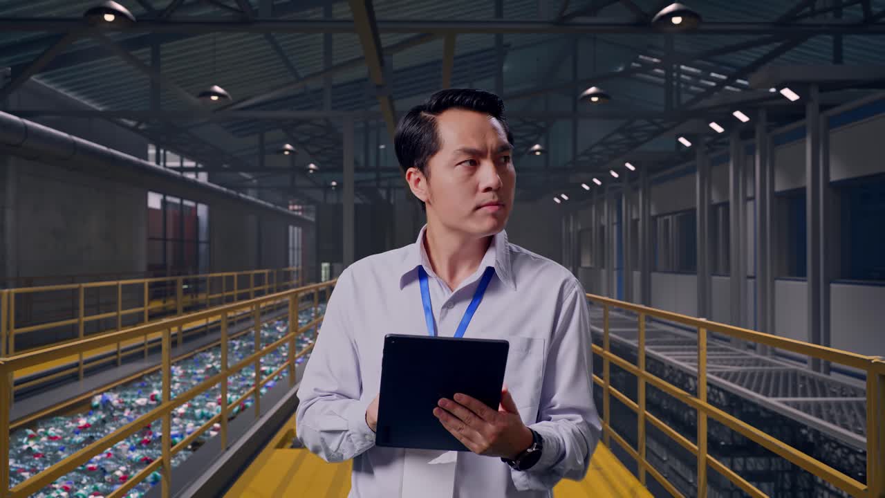 Asian Male Professional Worker Standing With His Tablet, Inspecting Plastic Recycling Factory with Conveyor of Bottles, He Observes By Looking Around Before He Come To Concentrating With His Tablet