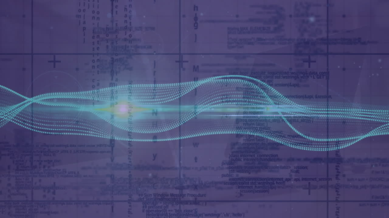 Flowing data waves animating over technical blueprints and schematics in motion
