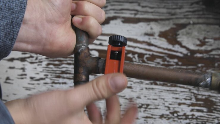 An old copper pipe connection is cut open by male hands using a pipecutter