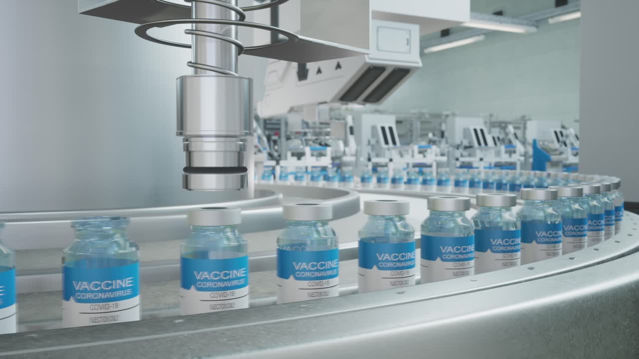 Vaccine Mass Production In Laboratory, 3D Rendering Vaccine Bottle Packing, Machine Puts Bottle Caps On Ampoules Moving On Pharmaceutical Conveyor Belt In Research Lab In Right Cyclic