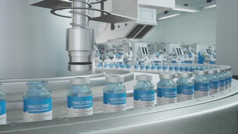 vaccine mass production in laboratory, 3d rendering vaccine bottle packing, machine puts bottle caps on ampoules moving on pharmaceutical conveyor belt in research lab in right cyclic