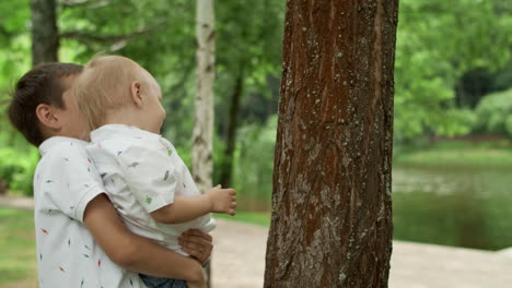 brother holding boy on hands in park. boy helping toddler to climb tree