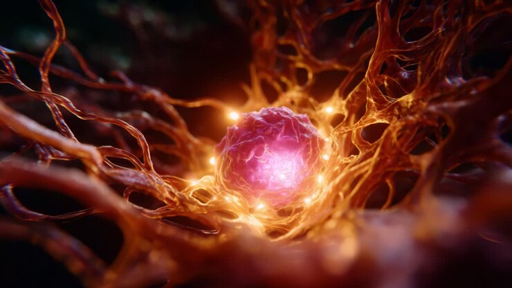 Intricate Visualization of Cellular Structures: Detailed Depiction of a Cellular Nucleus Enveloped in Node-like Neuron Connections with Radiant Lighting Effects