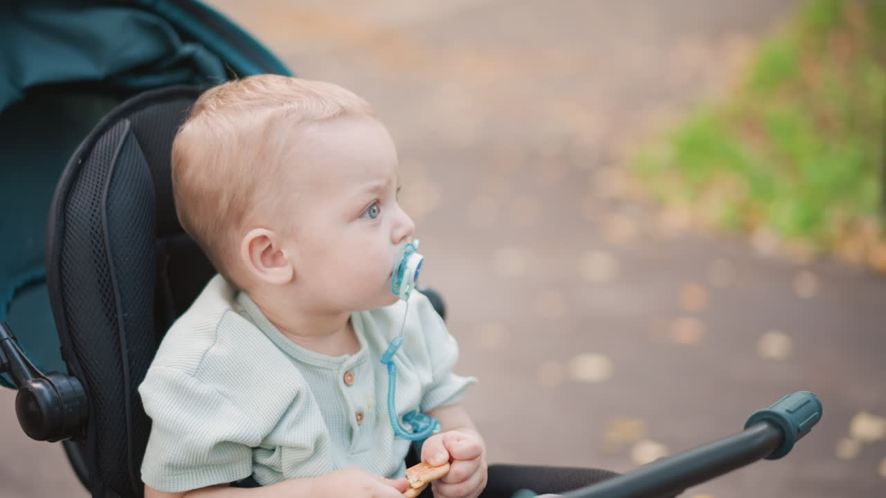 White baby gazing around stroller in leafy park with pacifier, caregiver just out of frame, gentle autumn light and scattered leaves, quiet candid family lifestyle observation moment