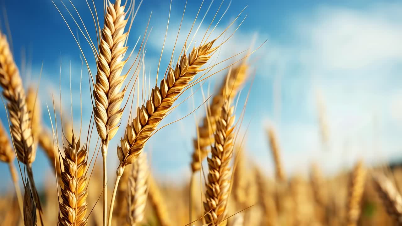 Close-up video of golden wheat in a field, shot from a low angle against a clear blue sky