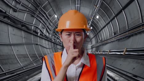 close up of asian female engineer with safety helmet making shh gesture in underground subway tunnel