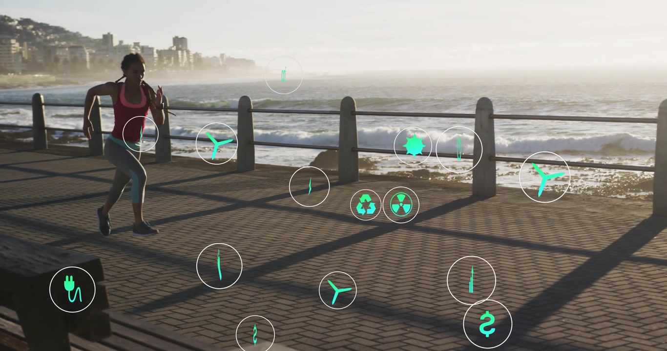 Woman running seaside promenade, footsteps spawning turquoise icons showing fitness energy metrics