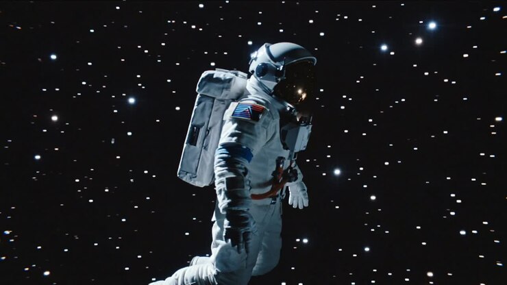 Drifting untethered astronaut in white EVA suit rotating in space, with PLSS backpack and galaxy