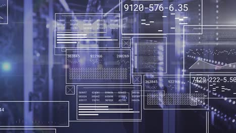 animation of graphs, loading circles and bars, changing numbers over illuminated server room