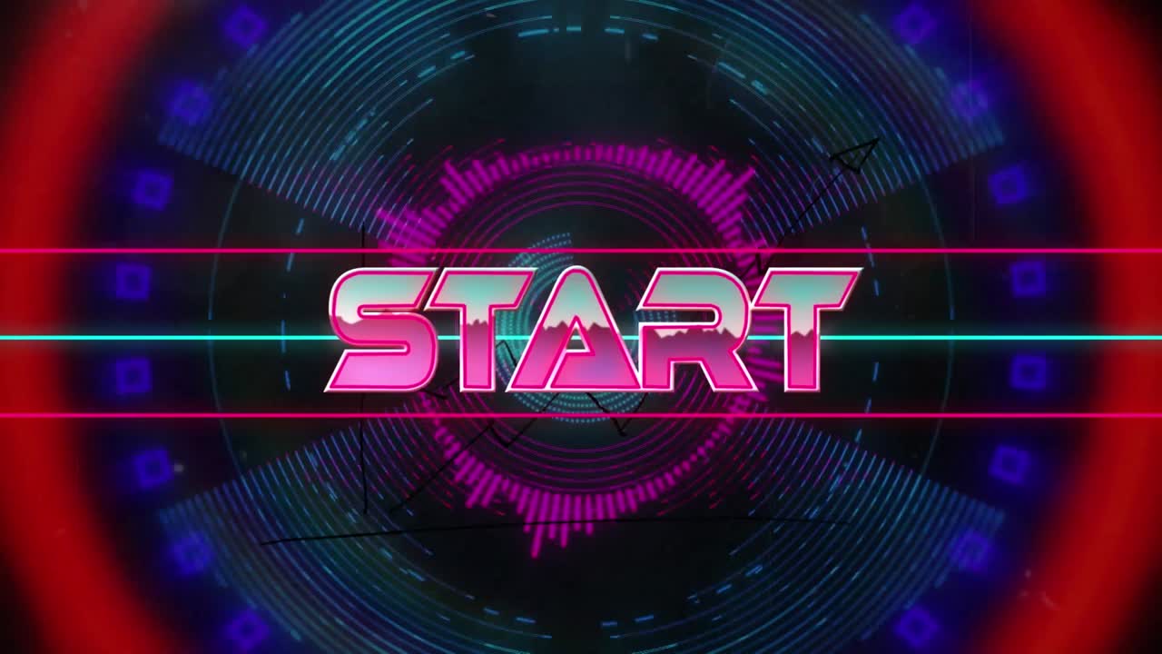 Animation of start text over neon lines on dark background