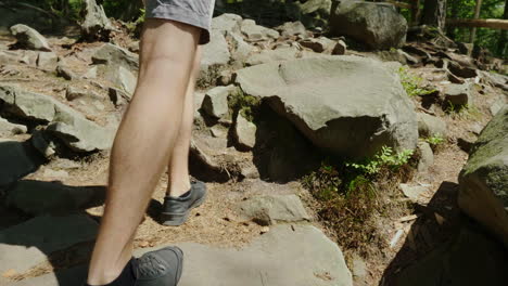 Legs-Of-A-Man-Walking-Along-A-Mountain-Trail-Along-The-Roots-Of-Trees